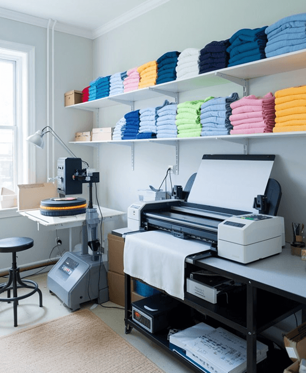 DTF printing workspace with organized materials