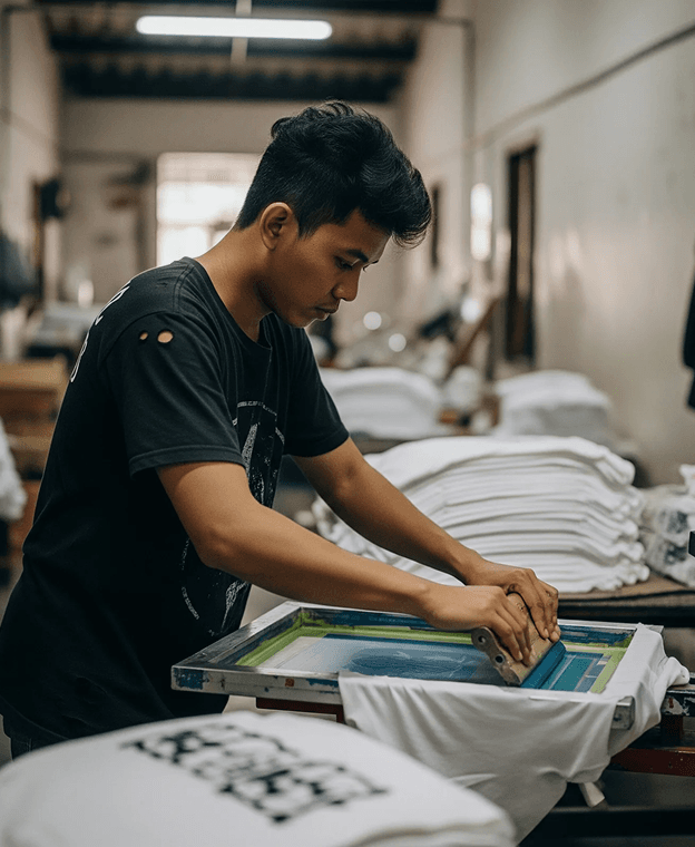 Young man working on manual screen printing process